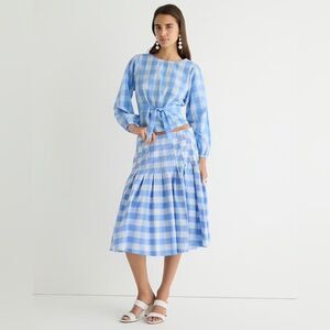 J.Crew Pleated Cotton Poplin Midi Skirt in Bristow Gingham Size 2
